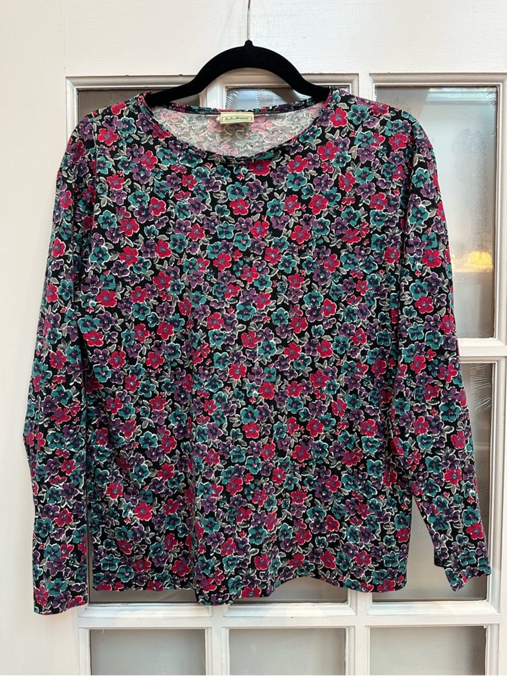 Vintage L.L. Bean Floral Long-Sleeve Tee Top Black Pink & Teal 70’s 80’s Size M